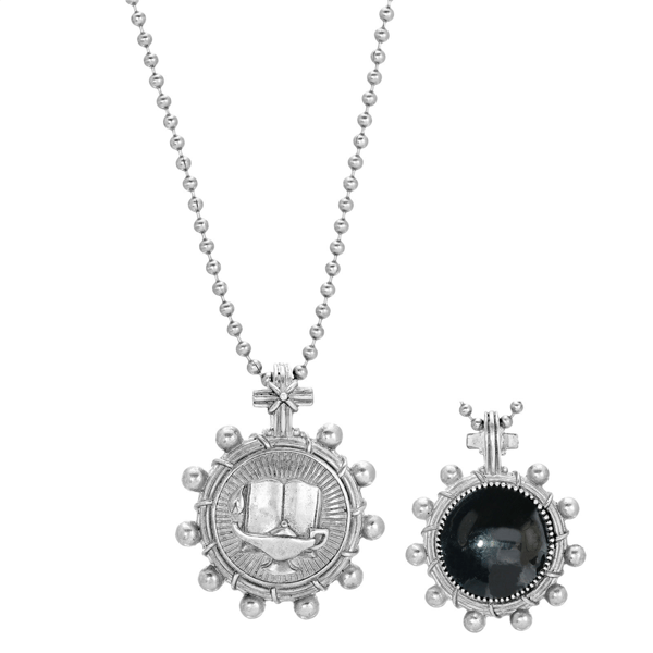 Symbols of Faith Pewter Round Black Enamel Cross & Lamp Necklace