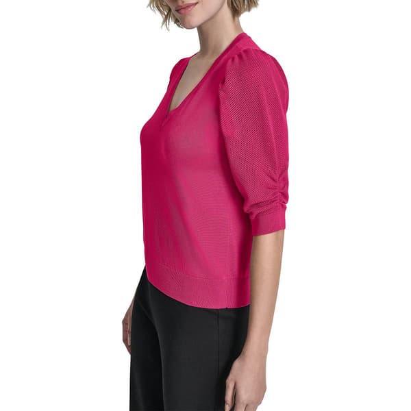 Womens DKNY Sport Short Puff Twist Sleeve V-Neck Sweater