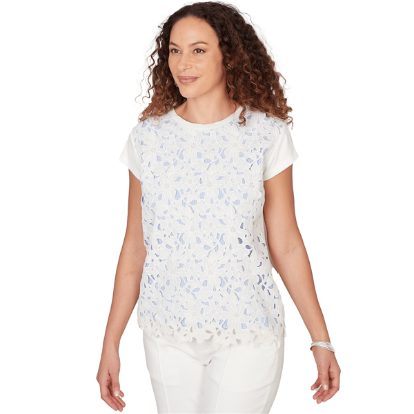 Petite Skye’s the Limit Sunny Blue Skies Floral Lace Blouse