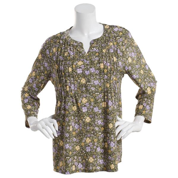 Plus Size Napa Valley 3/4 Sleeve Floral Pleat Knit Henley-Sage - image 