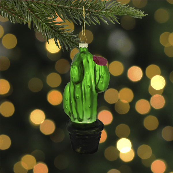 Northlight Green Cactus with Flower Glass Christmas Ornament