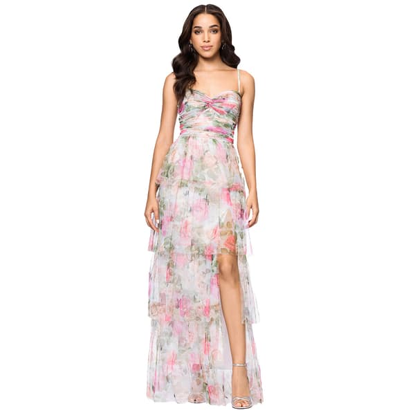 Juniors Blondie Nites Floral Mesh Tier Lace Up Back A-Line Dress
