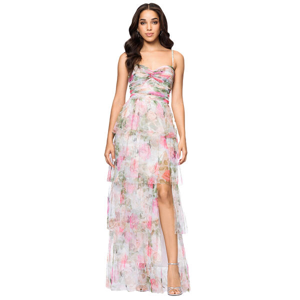 Juniors Blondie Nites Floral Mesh Tier Lace Up Back A-Line Dress - image 