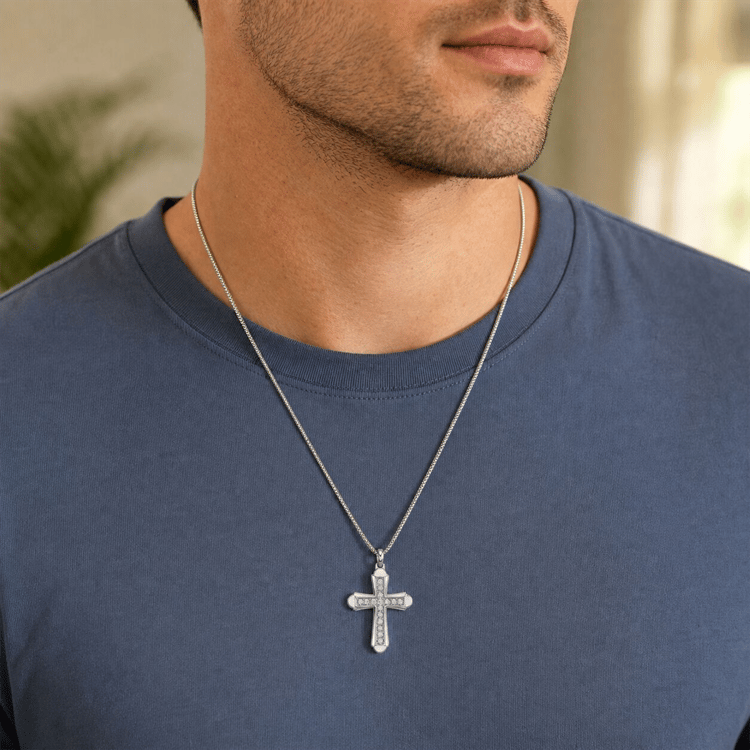 Mens Lynx 1/2ctw. Lab-Grown Diamond Cross Necklace-LGM0023P50SIL