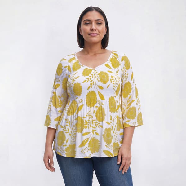Plus Size Floral & Ivy 3/4 Sleeve V-Neck Sunflower Pleater Blouse - image 