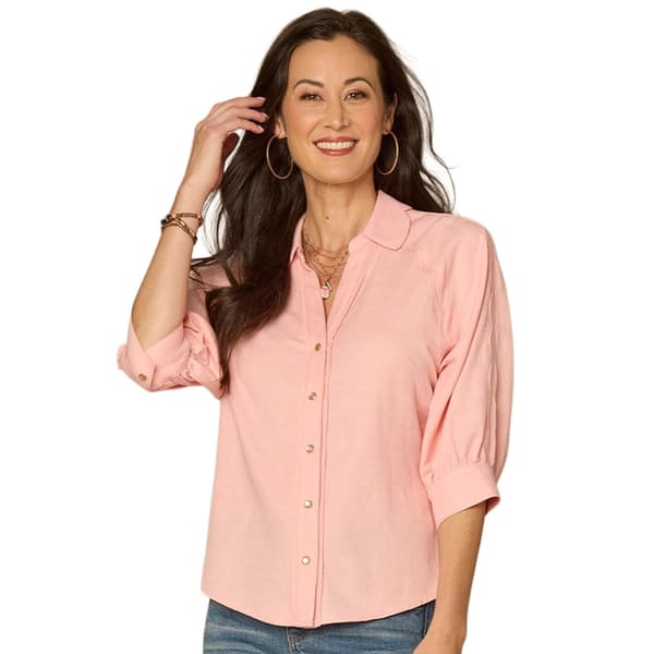 Plus Size Democracy Elbow Sleeve V Neck Snap Front Woven Blouse