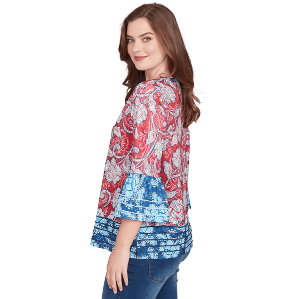 Womens Ruby Rd. Indigo Go Floral Paisley Flounce Sleeve Blouse