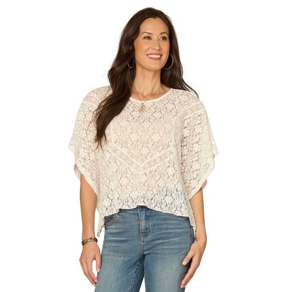 Womens Democracy Elbow Sleeve All Over Lace Knit Poncho Blouse - image 