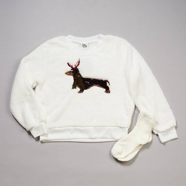 Girls (7-16) Jolie & Joy Holiday Dachshund Sweatshirt w/ Socks - image 