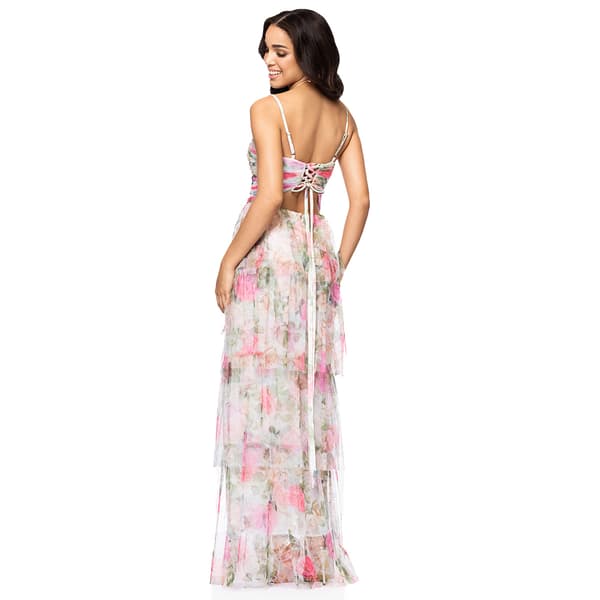 Juniors Blondie Nites Floral Mesh Tier Lace Up Back A-Line Dress