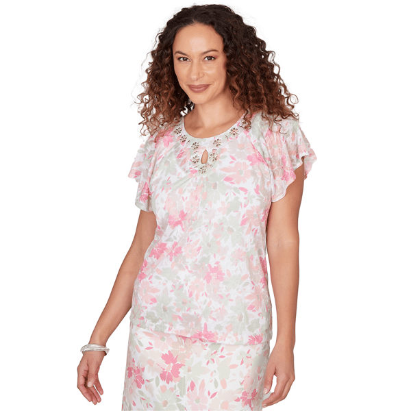 Womens Hearts of Palm Bloom Service Flutter Sleeve Floral Blouse
