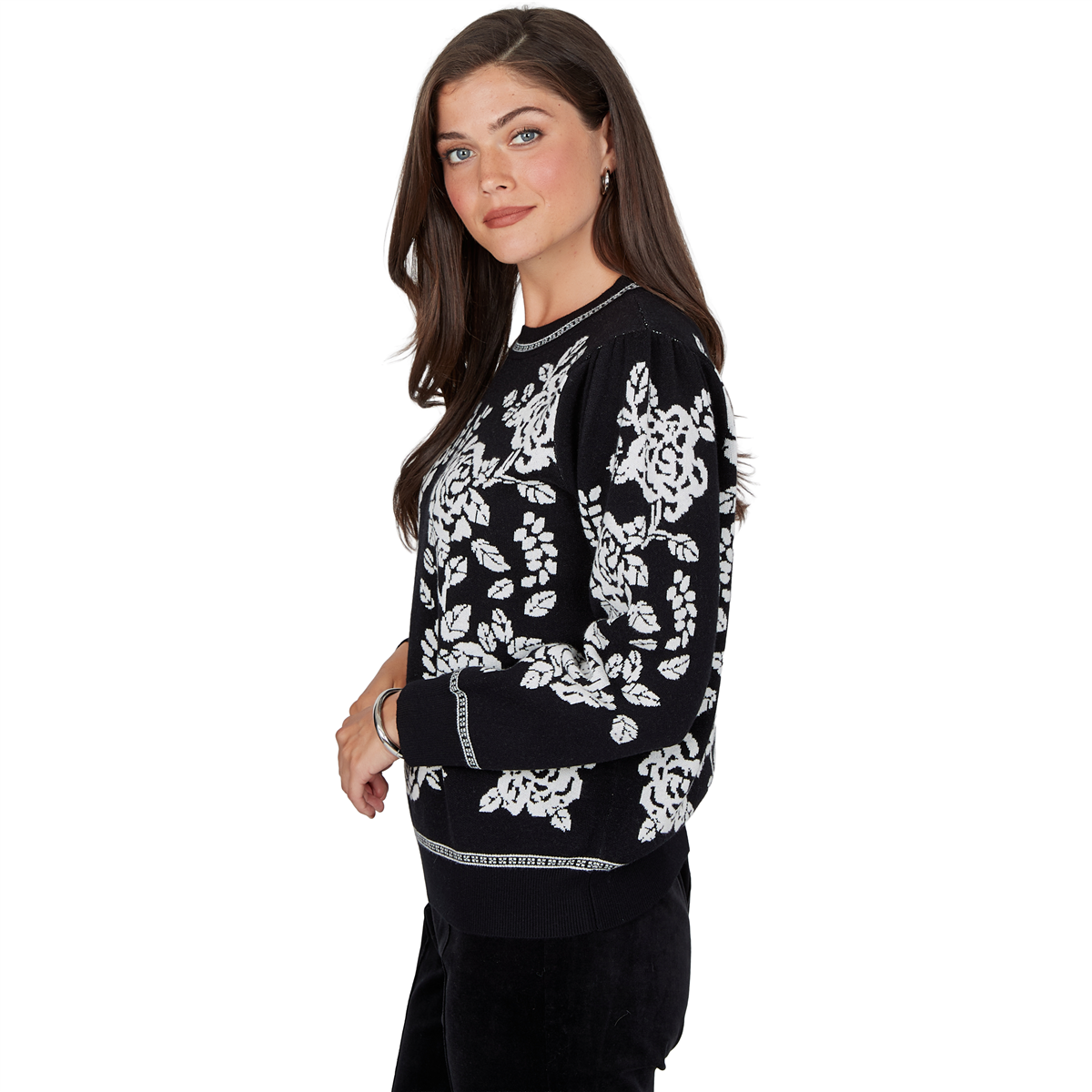 Womens Ruby Rd. Mysterious Romance Floral Jacquard Sweater