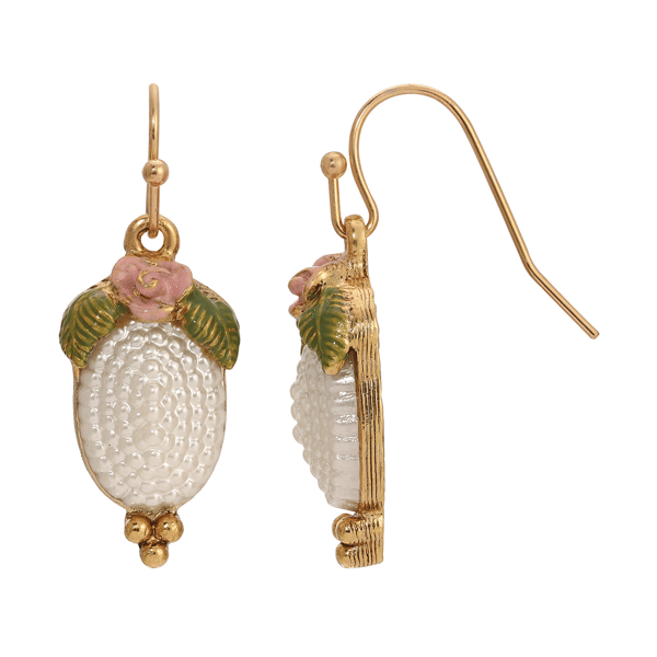 1928 Jewelry Faux Pearl Pink Rose Enamel Oval Earrings - image 