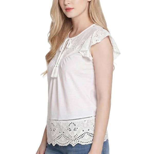 Womens NY Collection Flutter Cap Sleeve Lace Trim Blouse