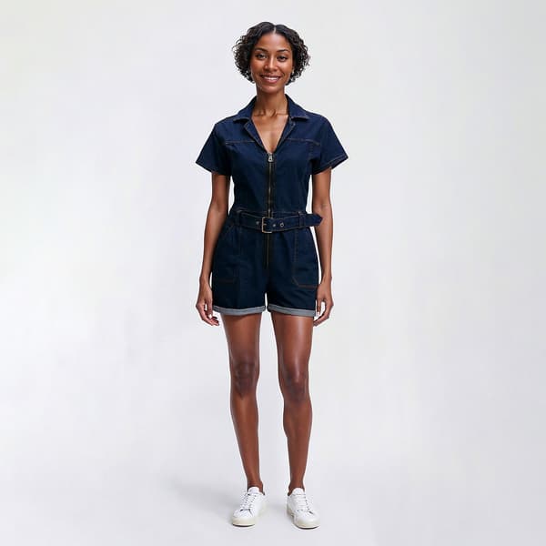 Womens bebe Short Sleeve Notched Collar Denim Short Romper