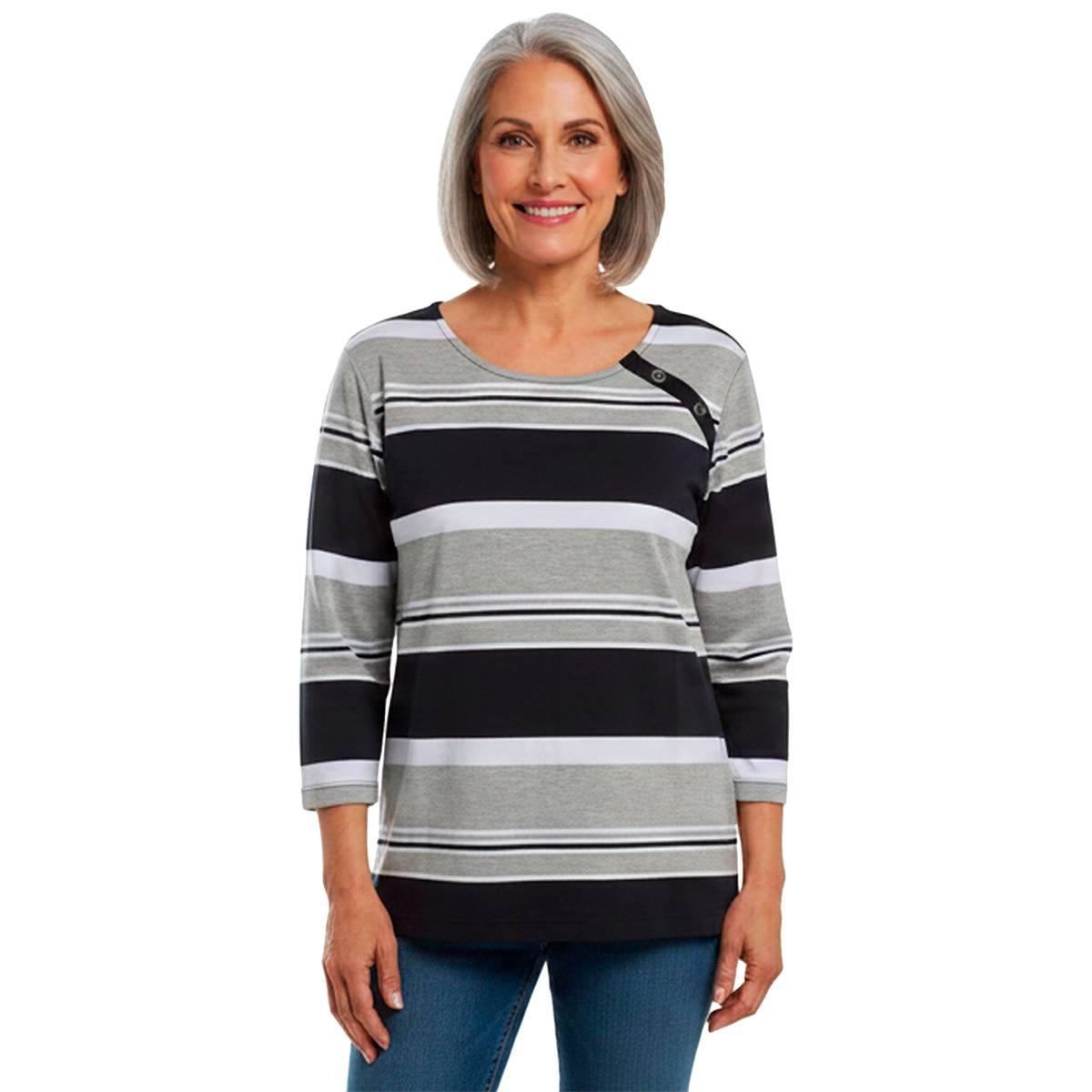 Petite Hasting & Smith 3/4 Sleeve Stripe Button Detail Tee