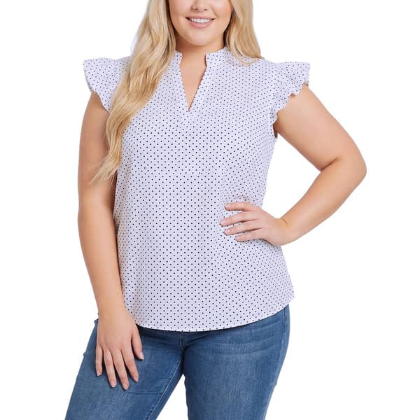 Plus Size NY Collection Flutter Sleeve Splitneck Print Poplin Sh - image 