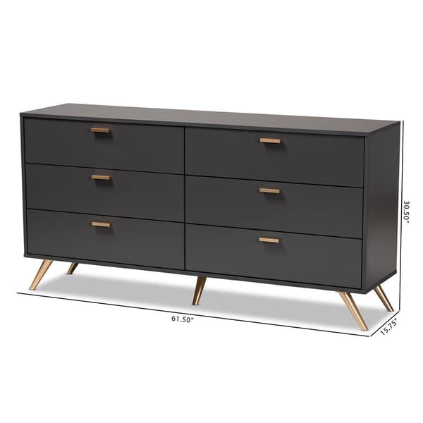 Baxton Studio Kelson Dark Grey & Gold Wood 6-Drawer Dresser