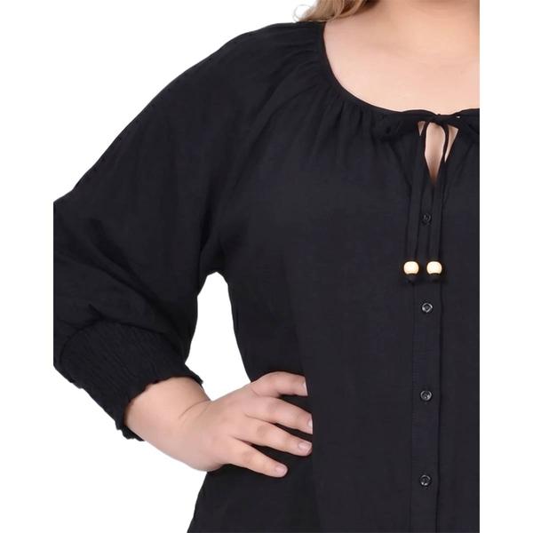 Plus Size NY Collection 3/4 Smock Sleeve Front Button Blouse
