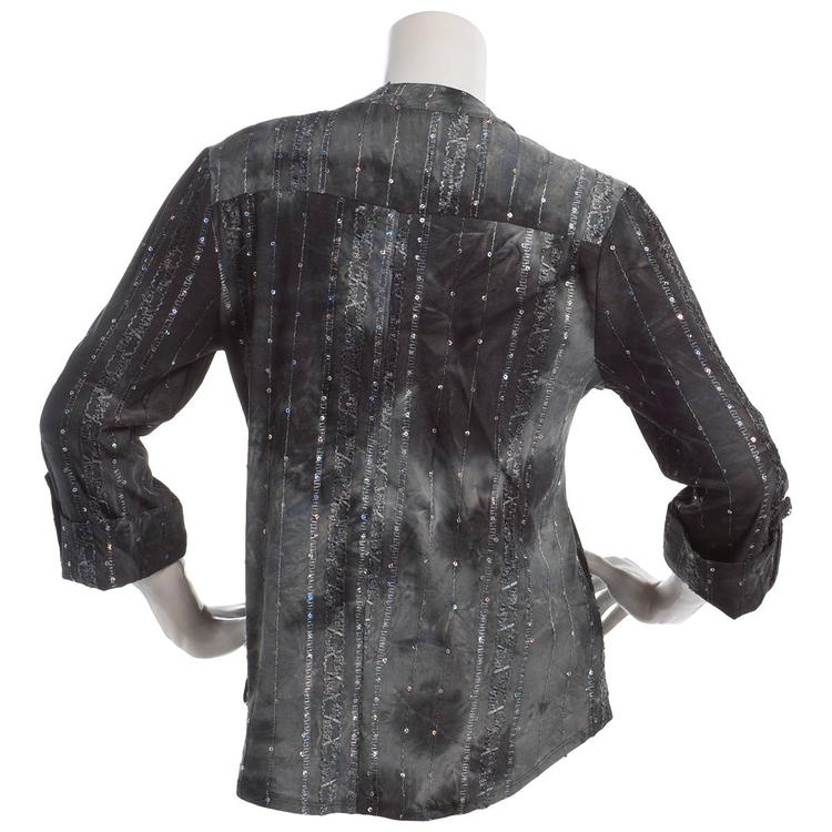 Petite Cocomo 3/4 Sleeve Gomez Henley Sequin Trim Blouse