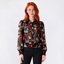 Juniors A. Byer Long Sleeve Floral Pintuck Button Front Blouse