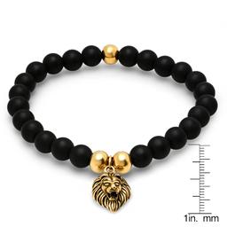 Mens Black Lava Beaded Bracelet with Gold-Plated Lion Accent