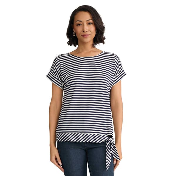 Petites Jones New York Short Roll Cuff Side Tie Feeder Stripe Top - image 
