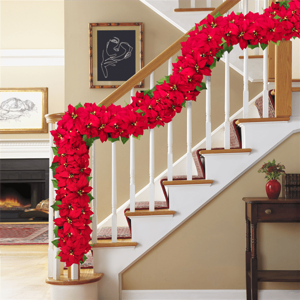Puleo International 6ft. Pre-Lit Red Poinsettia Garland