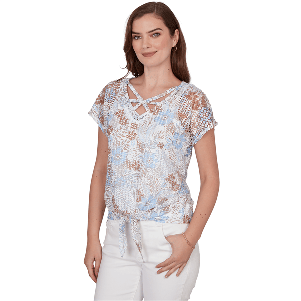 Womens Hearts of Palm Cool & Collected Textured Open Knit Blouse