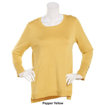 Women Retrology Crewneck Button Sleeve Side Split Sweater - Boscov's