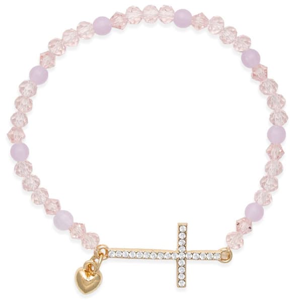 Beautiful Blessings Tonal Pink Stretch Bracelet w/ Cross & Heart - image 