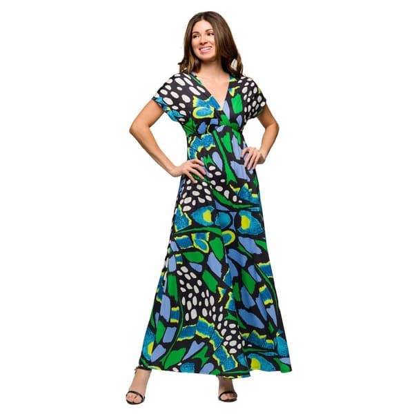 Women 24/7 Comfort Apparel Blue Butterfly Empire Waist Maxi Dress