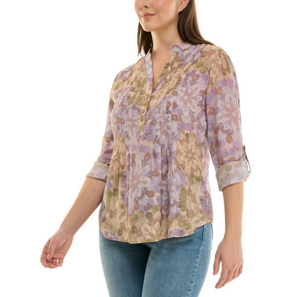 Womens Zac & Rachel 3/4 Roll Sleeve Watercolor Floral Blouse