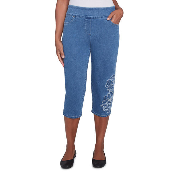 Womens Alfred Dunner Free Spirit Floral Applique Denim Capri - image 