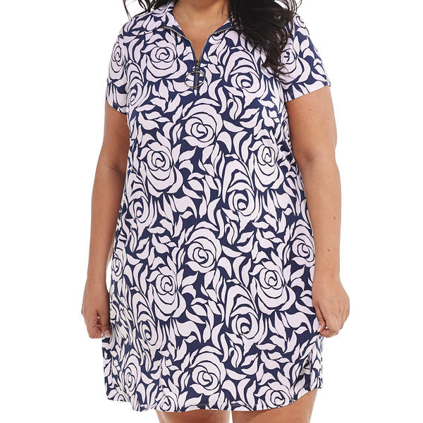 Plus Size MSK Short Sleeve Floral Half Zip Neck Shift Dress