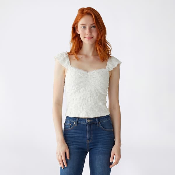 Juniors Pink Rose Ruffle Sleeve Flower Lace Top With Front Ruch