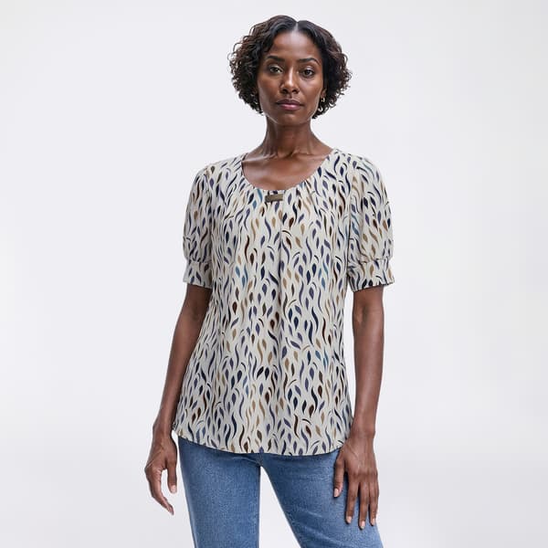 Womens Notations Short Puff Sleeve Abstract Leaf Bar Neck Blouse - image 