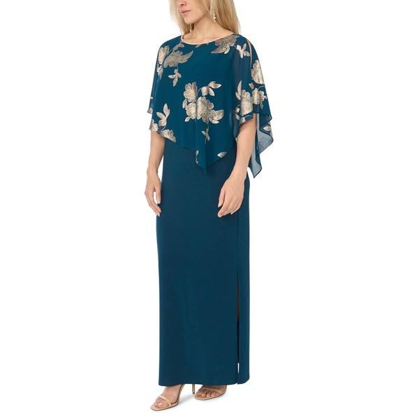 Petite MSK Solid Evening Gown with Foil Floral Overlay