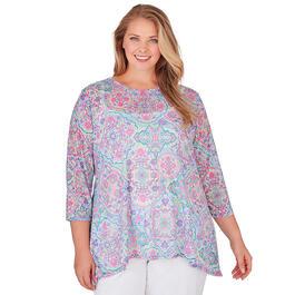 Plus Size Ruby Rd. Must Haves II 3/4 Sleeve Knit Floral Tiles Top