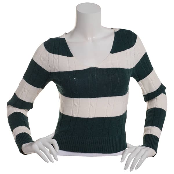 Juniors No Comment Striped Scoop Neck Cable Knit Sweater