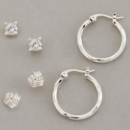 Design Collection Silver Plated CZ Hoop & Knot Trio Earrings