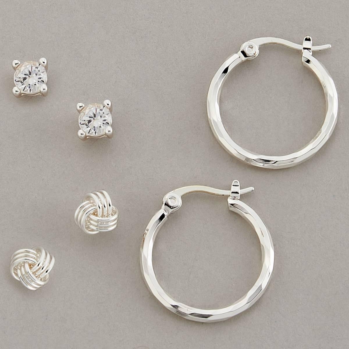 Design Collection Silver Plated CZ Hoop & Knot Trio Earrings