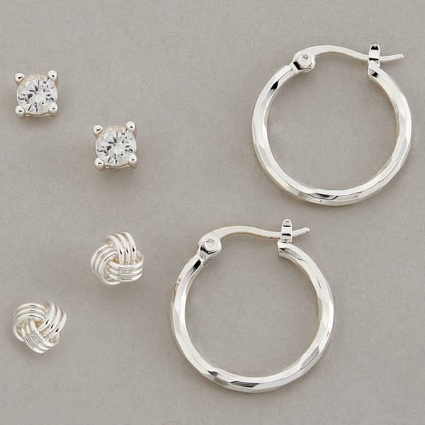 Design Collection Silver Plated CZ Hoop & Knot Trio Earrings - image 