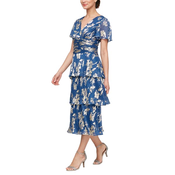 Womens SLNY Short Sleeve Foil Print Ruched Waist Tier Midi Dress