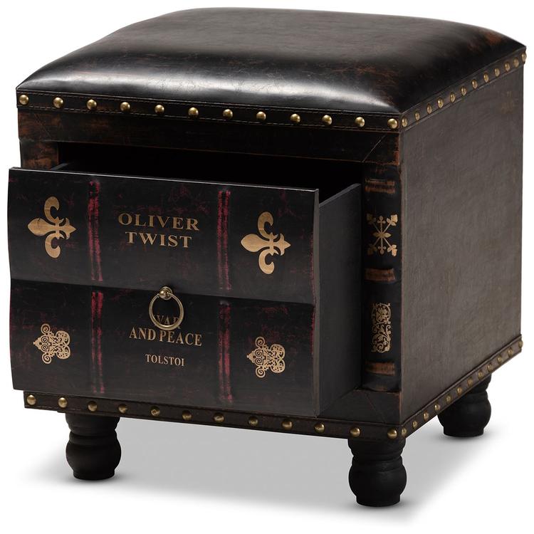 Baxton Studio Charlier Wood Storage Ottoman w/ Book Spine Drawer