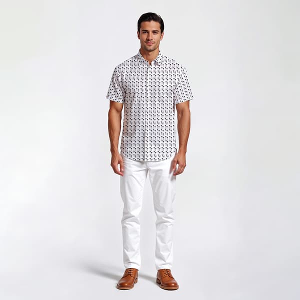 Mens Visitor Mini Navy Palm Trees Short Sleeve Button Down Shirt