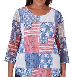 Petites Alfred Dunner All American Flag Patchwork Mesh Blouse