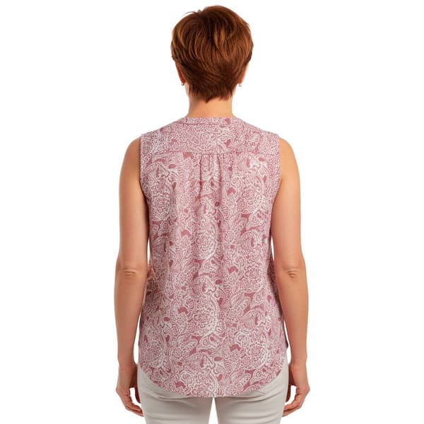 Womens Notations Sleeveless Paisley Knit Split Neck Blouse