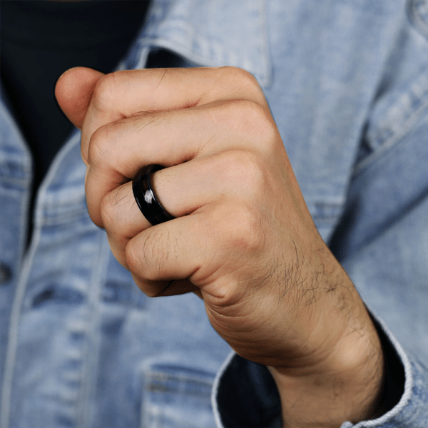 Mens Lynx Black Zirconium & Resin Ring with Wood Sheet Inlay
