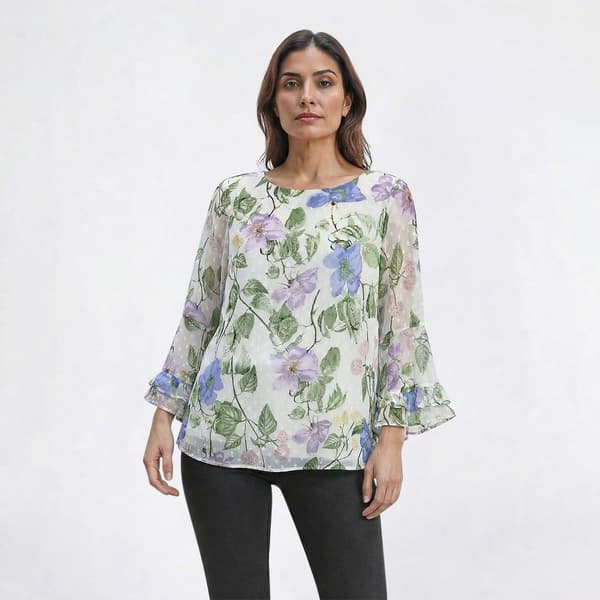 Petite Kasper Long Ruffle Sleeve Floral Clip Dot Blouse - image 
